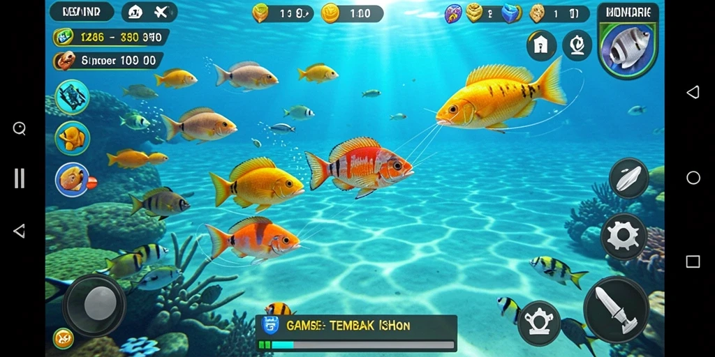 Tangkapan layar utama <strong>3446</strong> menampilkan pemain yang aktif menangkap ikan dengan berbagai senjata.