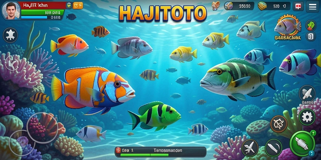 Tampilan seru gameplay Tembak Ikan HAJITOTO yang penuh warna.