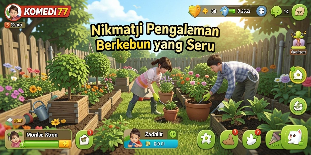 Screenshot utama KOMEDI77 menunjukkan kegiatan berkebun yang menyenangkan.