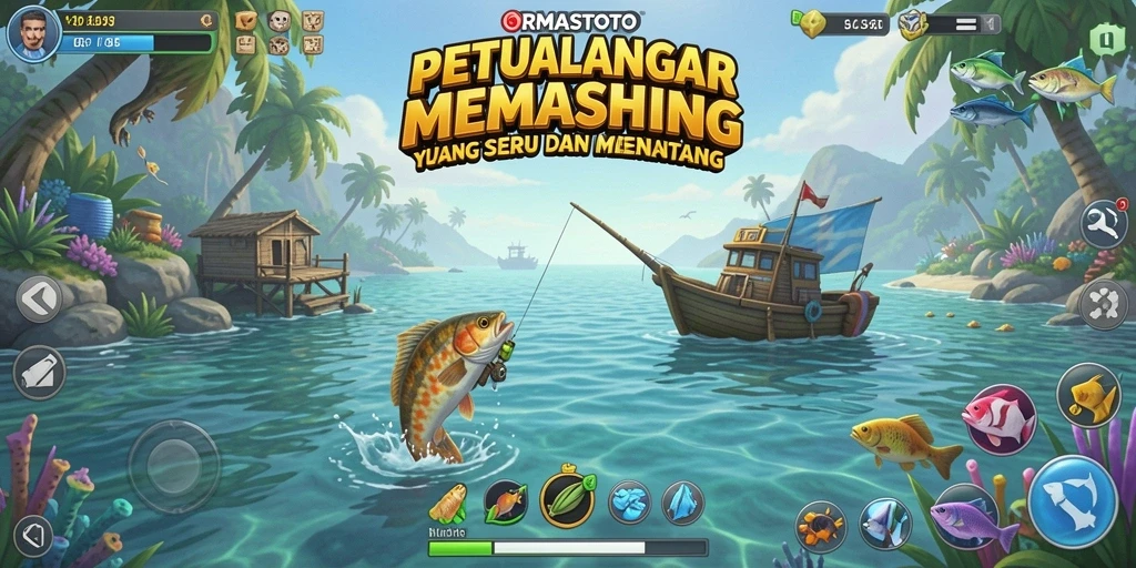 Screenshot gameplay ORMASTOTO menunjukkan serunya memancing di alam yang indah.