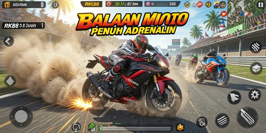 Tampilan gameplay RK88 dengan motor balapan yang mendebarkan.