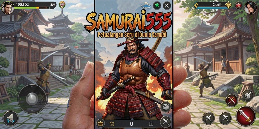 Tampilan gameplay seru dalam SAMURAI555 dengan aksi samurai yang mendebarkan.