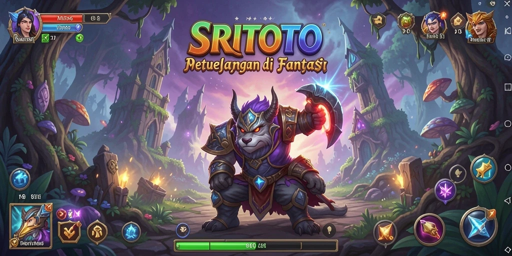 Tampilan gameplay SRITOTO yang menegangkan dengan karakter dan peperangan fantastis.