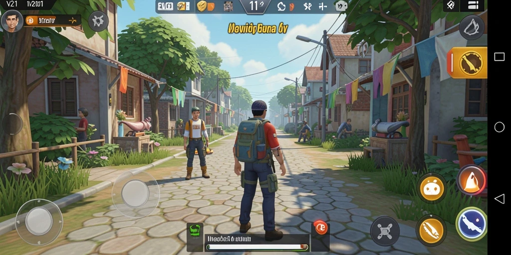 Tangkapan layar V21 menampilkan interaksi karakter dalam gameplay simulasi.